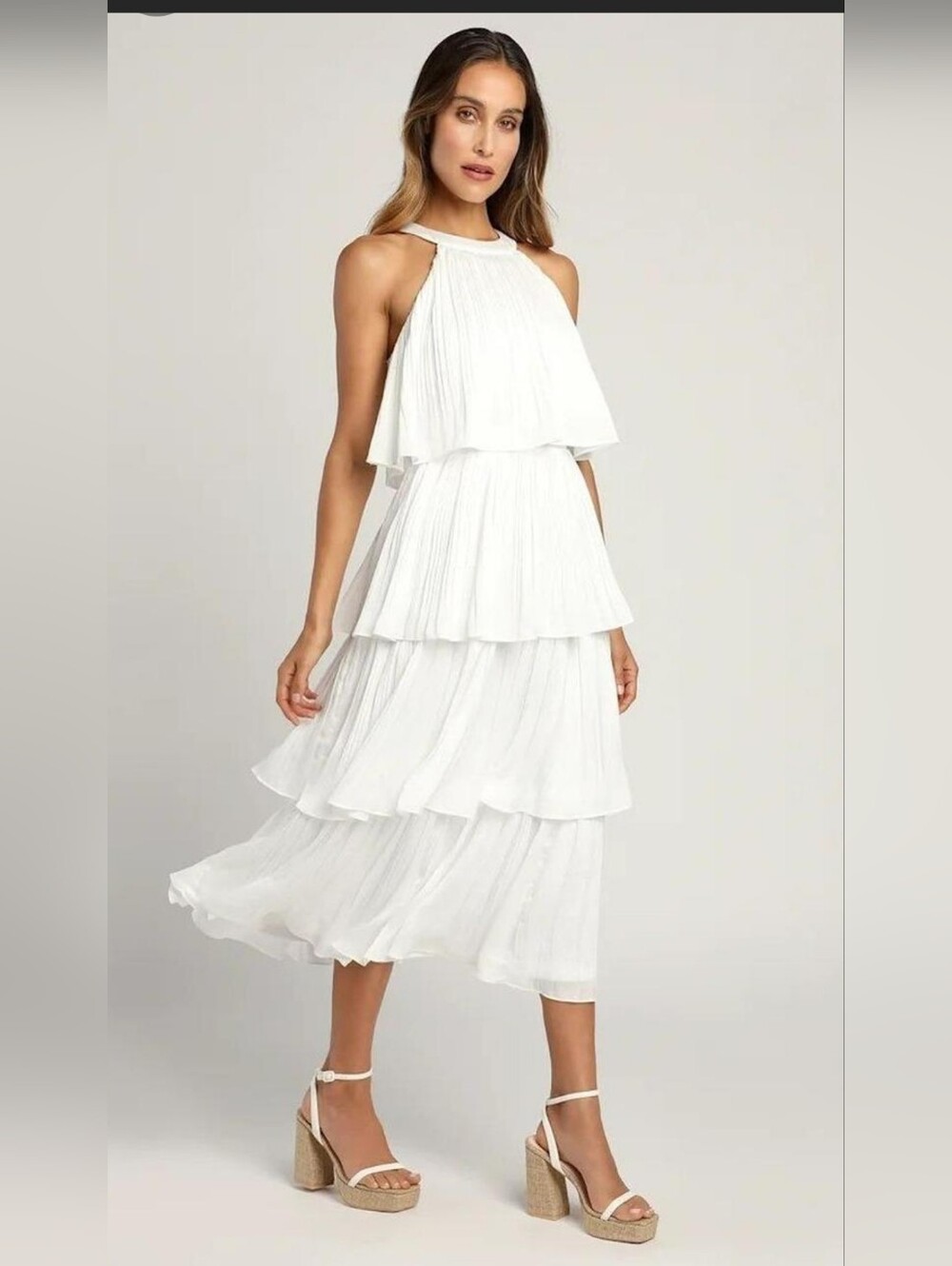 Lulus Tier and Far White Tiered Pleated Halter Midi Dress